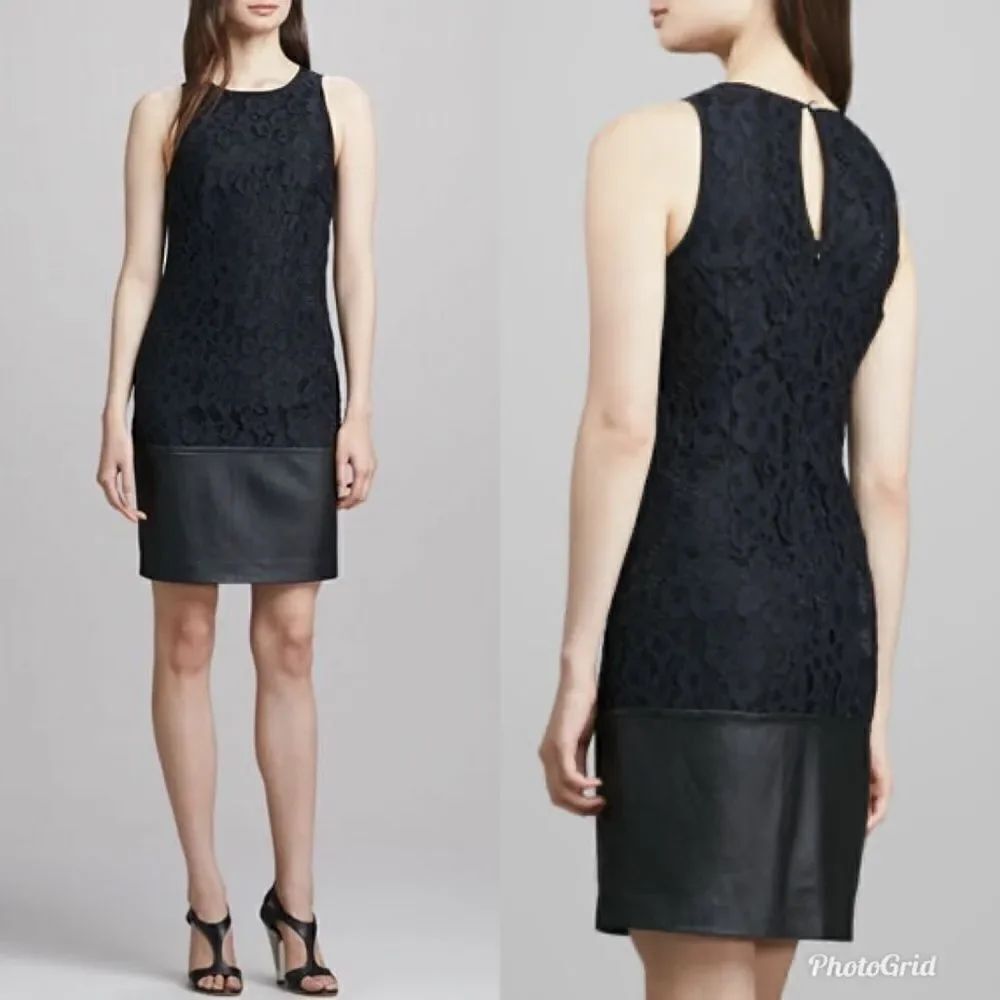 Trina Turk Black Lace Dress Leather Trim Sleeveless Keyhole Mini  139230 amyas